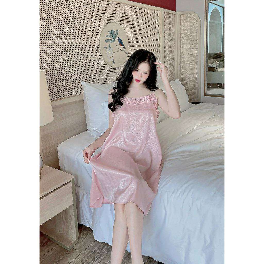 [HOẢ TỐC] Đầm ngủ 2 dây trơn viền bèo Lụa xước mềm mịn và thoải mái - bầu bí bon chen được