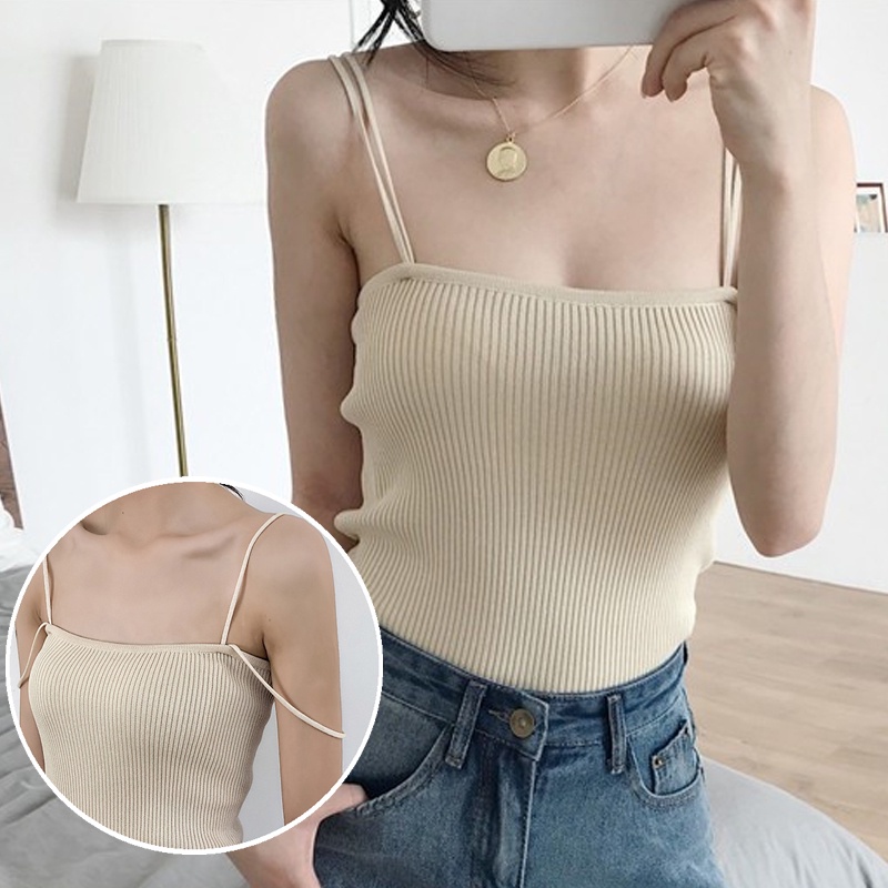 Áo Hai Dây Dệt Kim Màu Trơn Thời Trang Mùa Hè Hàn Quốc 8 Màu Tùy Chọn