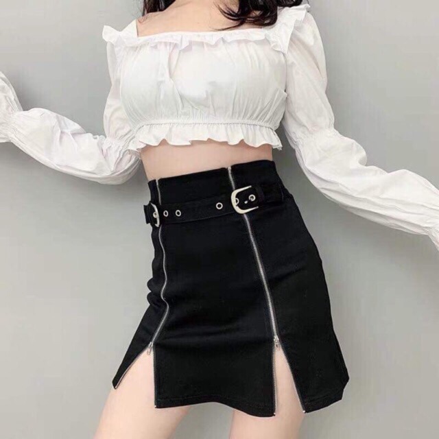 Set đồ ulzzang ( chân váy kéo khoá 2 bên , và áo crt tay bồng )