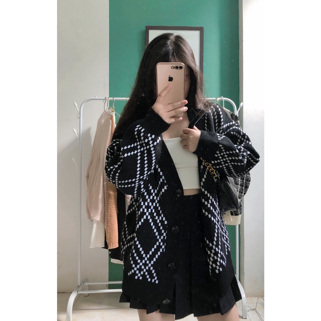 Áo Cardigan Dáng Dài Họa Tiết Hồng Beo, Đen Sọc Len Nhà Chic Z