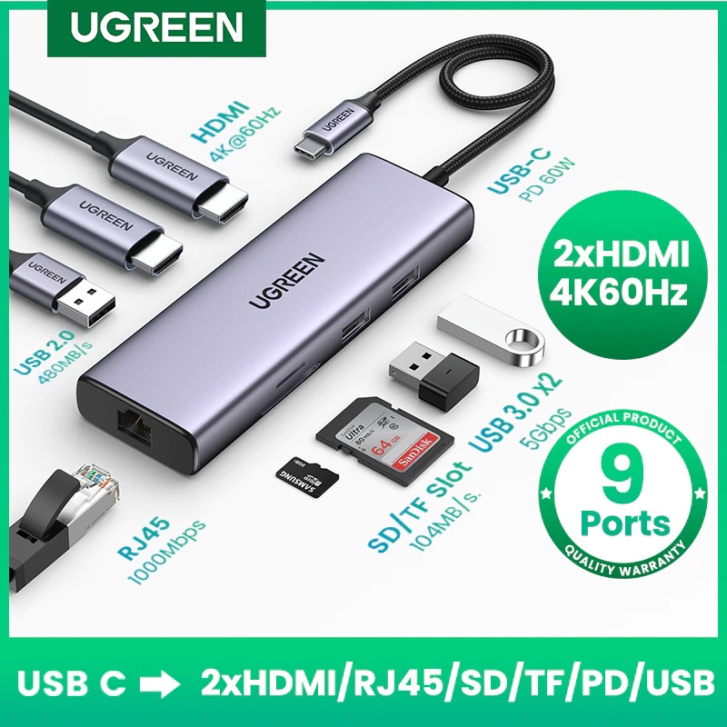 USB Type C ra 2 HDMI 4K@60Hz Ugreen 90119 Hub USB C 9 in 1 Cao Cấp CM490 Chính Hãng