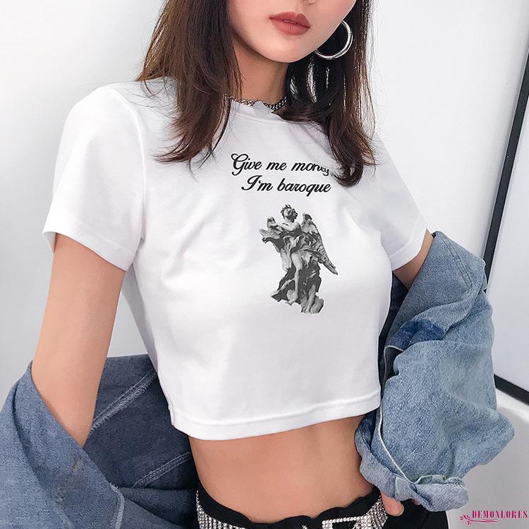 Áo Thun Nữ Ngắn Tay Cổ Tròn In Chữ Thời Trang