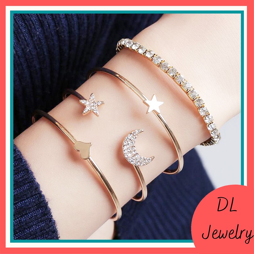 Vòng tay hở mặt ngôi sao,mặt trăng đính đá , mặt trái tim - Lắc tay hở đính đá DL.Jewelry