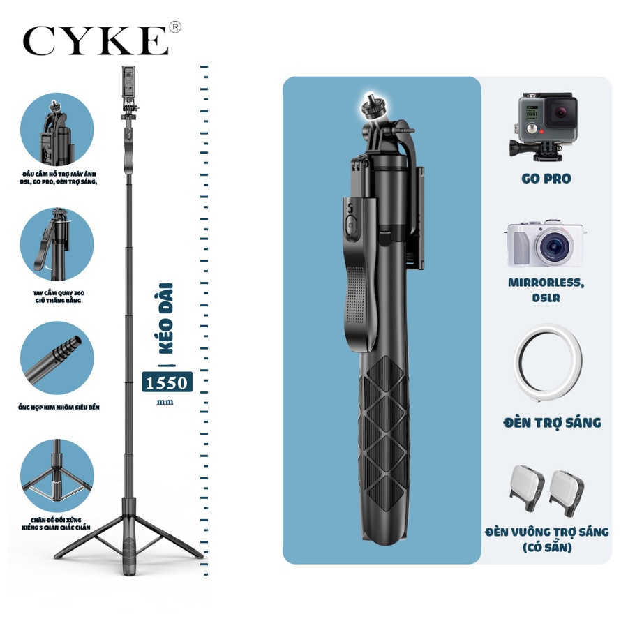[TẶNG ĐÈN + TÚI ĐEO] Gậy Chụp Ảnh 3 Chân CYKE L16D Kéo Dài 1m55 - Sử Dụng Cho Đa Thiết Bị