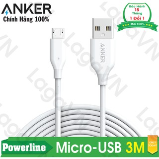 [Freeship toàn quốc từ 50k] Cáp siêu bền ANKER Powerline Micro-USB 3m cho Android (Trắng)