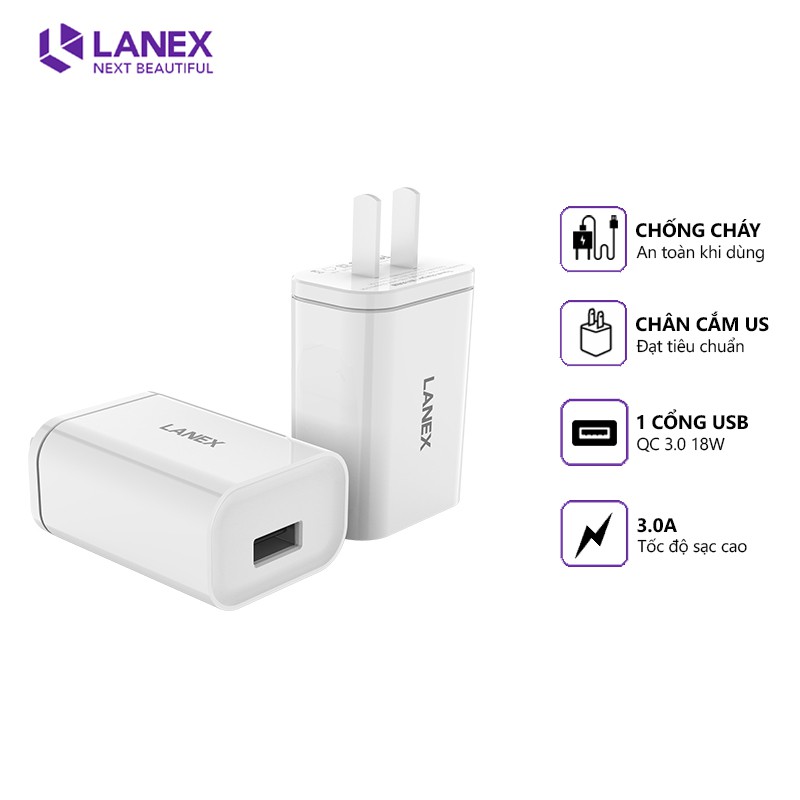 Cóc sạc nhanh Lanex LCT-Q04C 1 cổng USB 3.0A, nhựa ABS, tương thích nhiều thiết bị