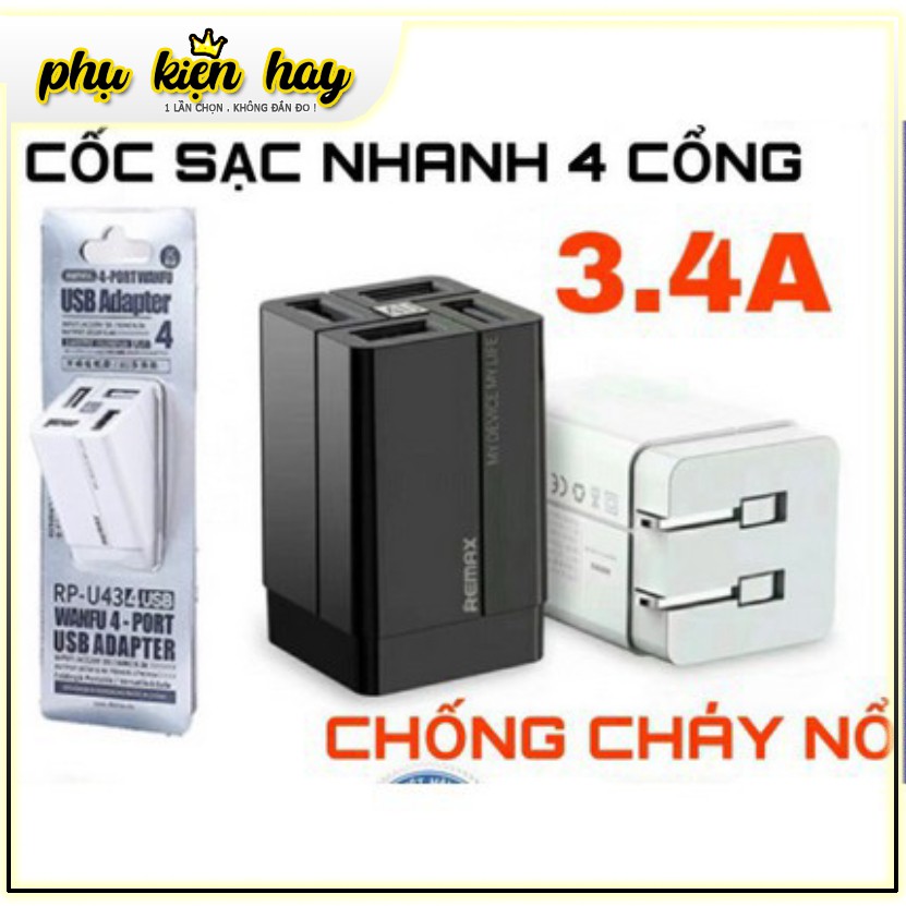 Cốc sạc Củ sạc REMAX RP-U43 nhanh 4 cổng CHỐNG CHÁY NỔ 3.4A - SẠC NHANH Quick Charge 3.4A