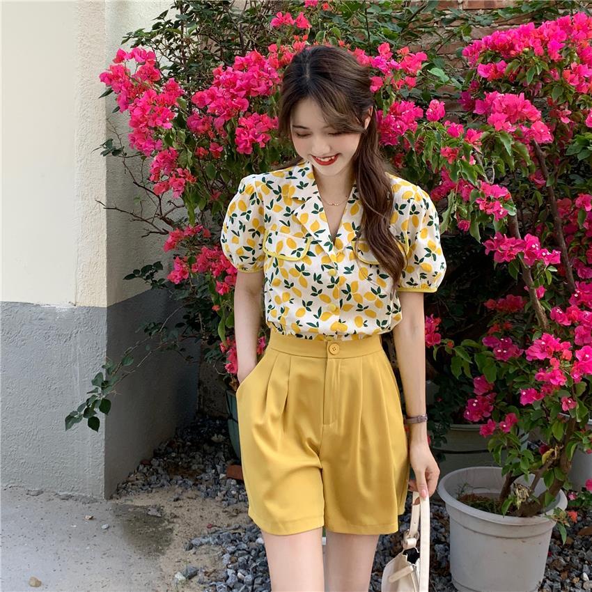 Set áo sơ mi tay ngắn họa tiết hoa xinh + quần đùi lưng cao giản đơn duyên dáng cho nữ (có bán lẻ áo sơ mi / quần đùi)