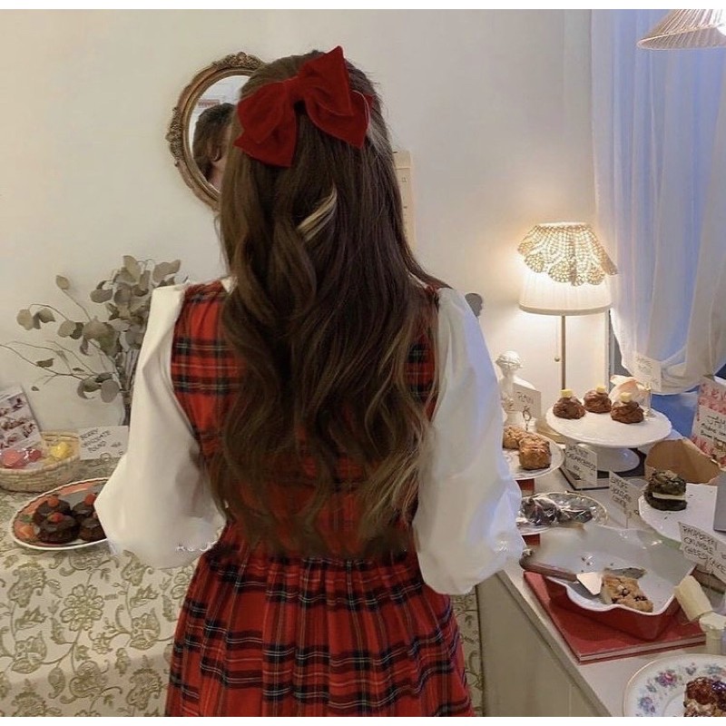 ĐẦM CARO ĐỔ PHỐI CỔ SƠ MI TAY TRẮNG