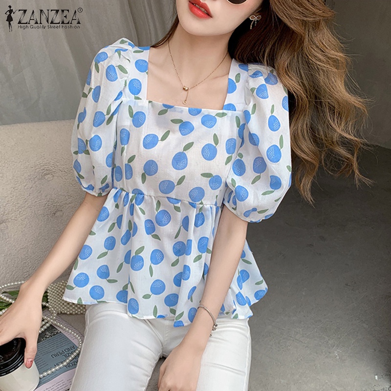 ZANZEA Áo Sơ Mi Tay Ngắn Phồng Cổ Vuông In Họa Tiết Trái Cây Thời Trang Phong Cách Hàn Quốc Cho