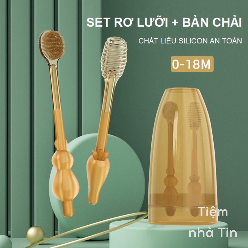 Set rơ lưỡi, bàn chải silicone siêu mềm kèm cốc vệ sinh răng miêng cho bé 0-18 tháng