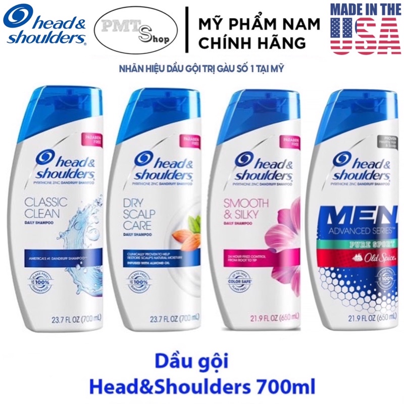 Dầu gội sạch gàu Head &amp; Shoulders Mỹ 700ml Classic Clean | Dry Scalp Care | Smooth &amp; Silky | Pure Sport 650ml