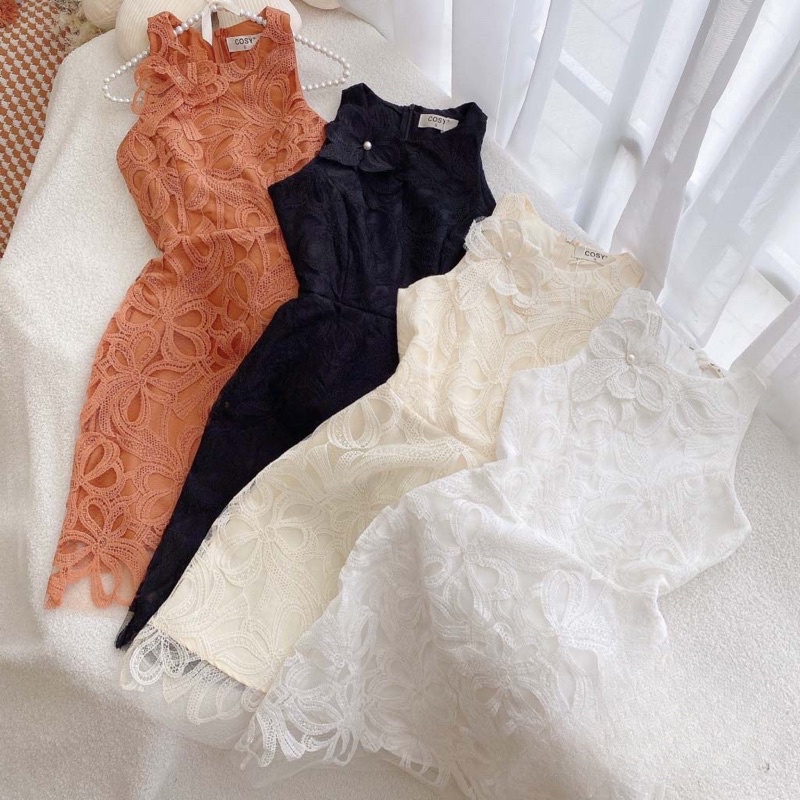 ĐẦM REN SÁT NÁCH KÈM HOA HẠT CƯỜM NƠ 3 MÀU - CHẤT REN CAO CẤP - MÀU CAM /  TRẮNG / ĐEN alohashop91