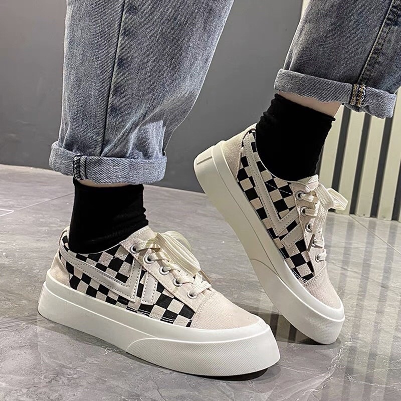 Giày thể thao nữ độn đế mũi viền kẻ caro 2 màu Cao Cấp