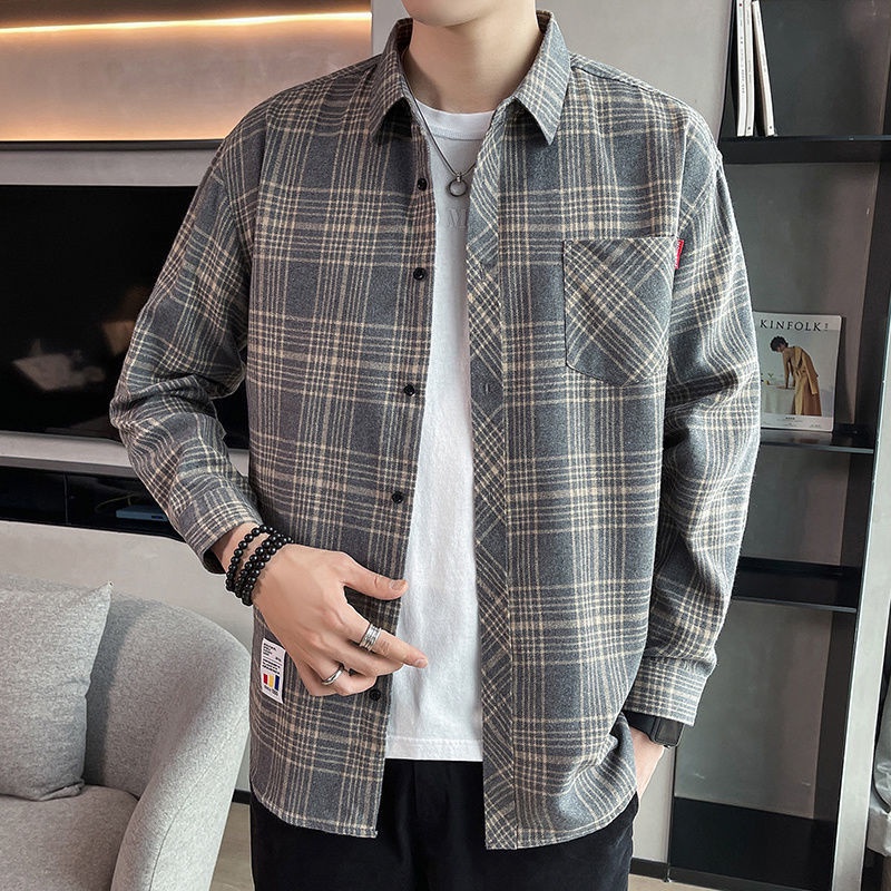 Áo Khoác Sơ Mi Caro Dáng Rộng Thời Trang Hàn Quốc Cho Nam