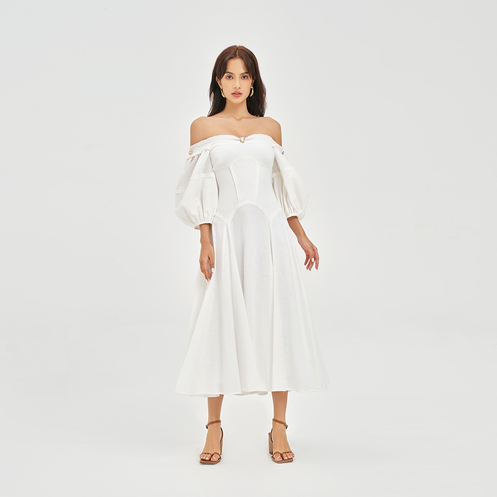 DEAR JOSÉ - Đầm dài trễ vai tay phồng Charlotte vải linen trắng