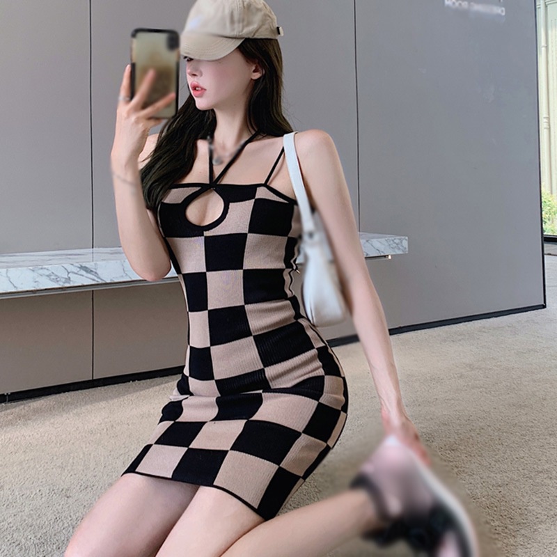 Đầm Dệt Kim Không Tay Ôm Dáng Họa Tiết Sọc Caro Phong Cách Hàn Quốc Quyến Rũ Cho Nữ