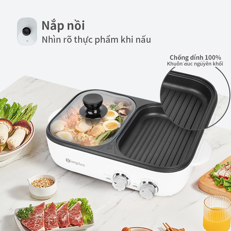 Nồi lẩu nướng điện 2 ngăn Simplus đa năng dùng trong gia đình ký túc xá