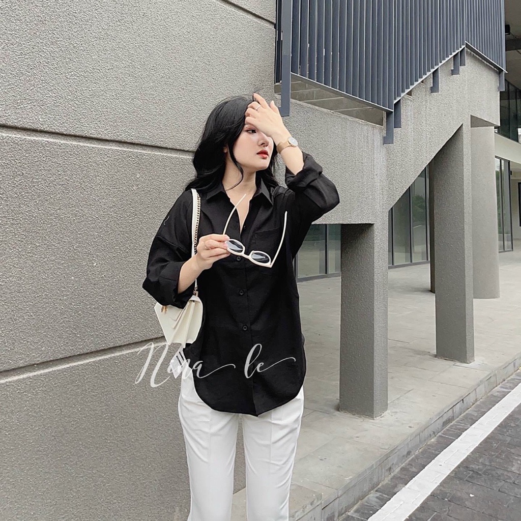 Áo sơ mi đuôi tôm túi ngực nữ - Áo trơn dài tay cài khuy kiểu dang suông, thiết kế đơn giản