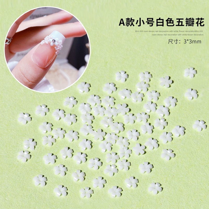 50 viên trong một gói Bông Hoa Nhỏ Màu Trắng Nhỏ Xinh Trang Trí Móng Tay Ba Chiều Phong Cách Nhật Bản