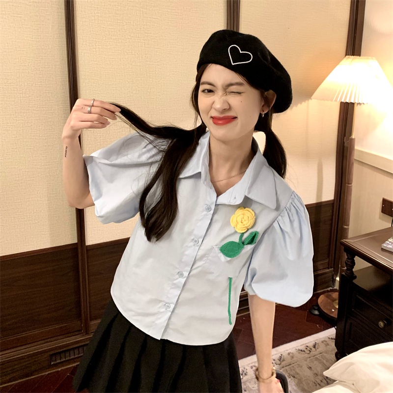 Áo Sơ Mi Tay Ngắn Phồng Họa Tiết Hoa Thời Trang Pháp Hàng Mới Cho Nữ