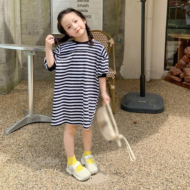 Đầm Công Chúa Mùa Hè Tay Ngắn Cổ Tròn Sọc In Họa Tiết Cho Bé Gái Se7En