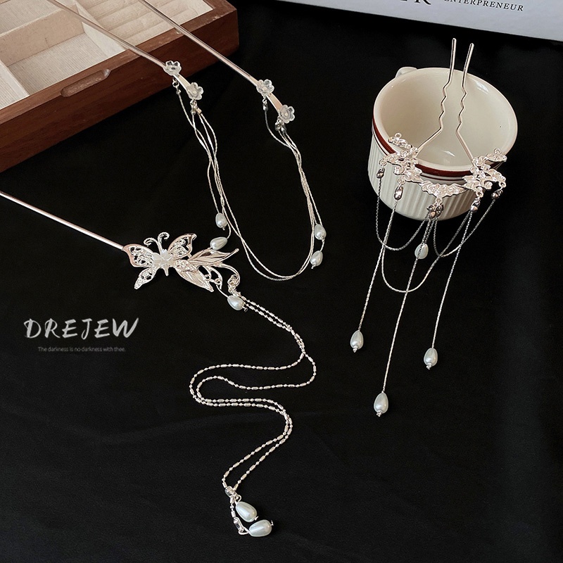 DREJEW Trâm Cài Tóc Tua Rua Hình Hoa Và Bướm Đính Ngọc Trai Phong Cách Trung Hoa Mới
