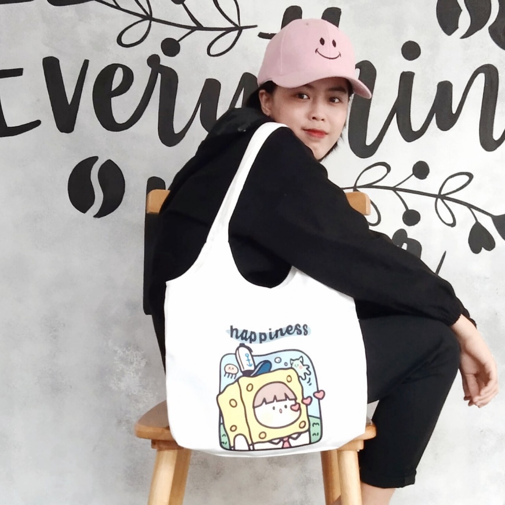 Túi note hàn quốc, vải canvas 100% poli cao cấp, phong cách thời trang ulzzang, có khoá miệng xịn xò HAPPI CUTE mã k05