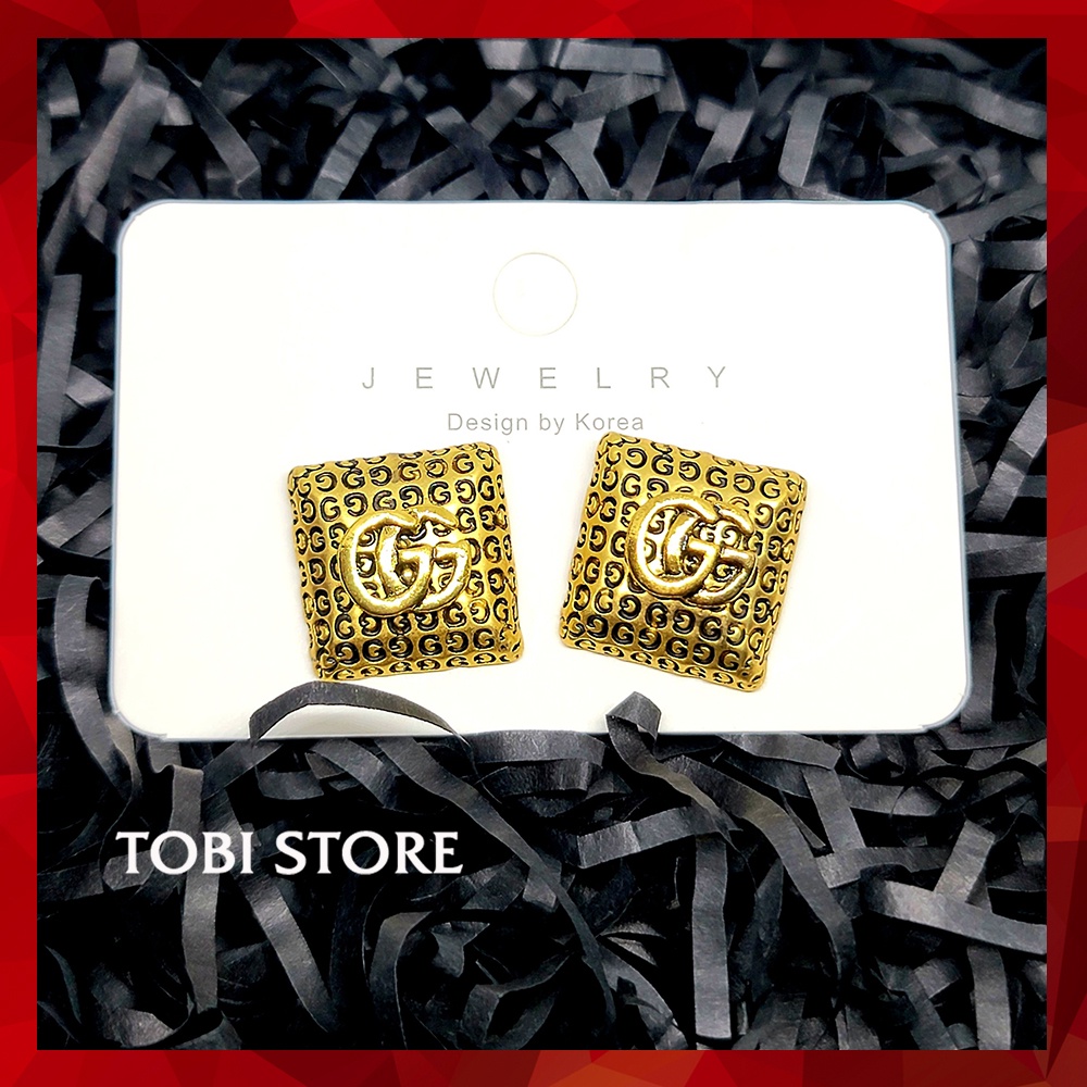 Khuyên tai nữ thương hiệu GG mạ vàng khối vuông khắc chữ G sang trọng TB485