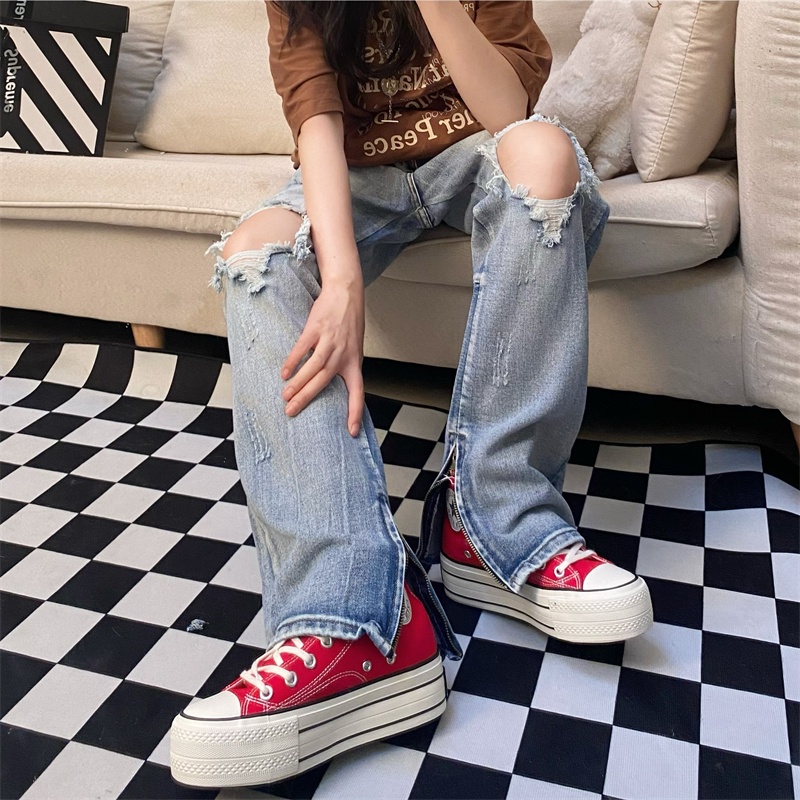 Quần jeans Nữ Dài Lưng Cao Mài Rách Thời Trang Hàn