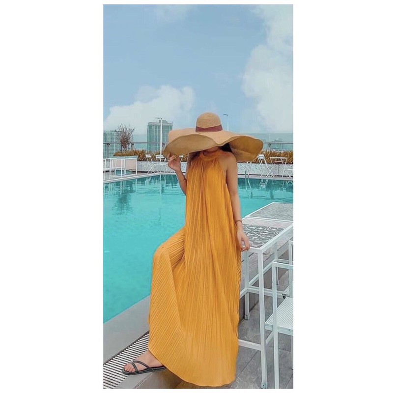 Đầm maxi dập ly cổ yếm siêu đẹp hình thật đủ màu alohashop91