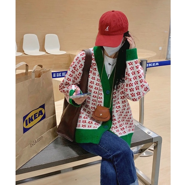 Áo sweater dệt kim in hoa màu đỏ dáng ôm dễ phối đồ phong cách Hàn Quốc