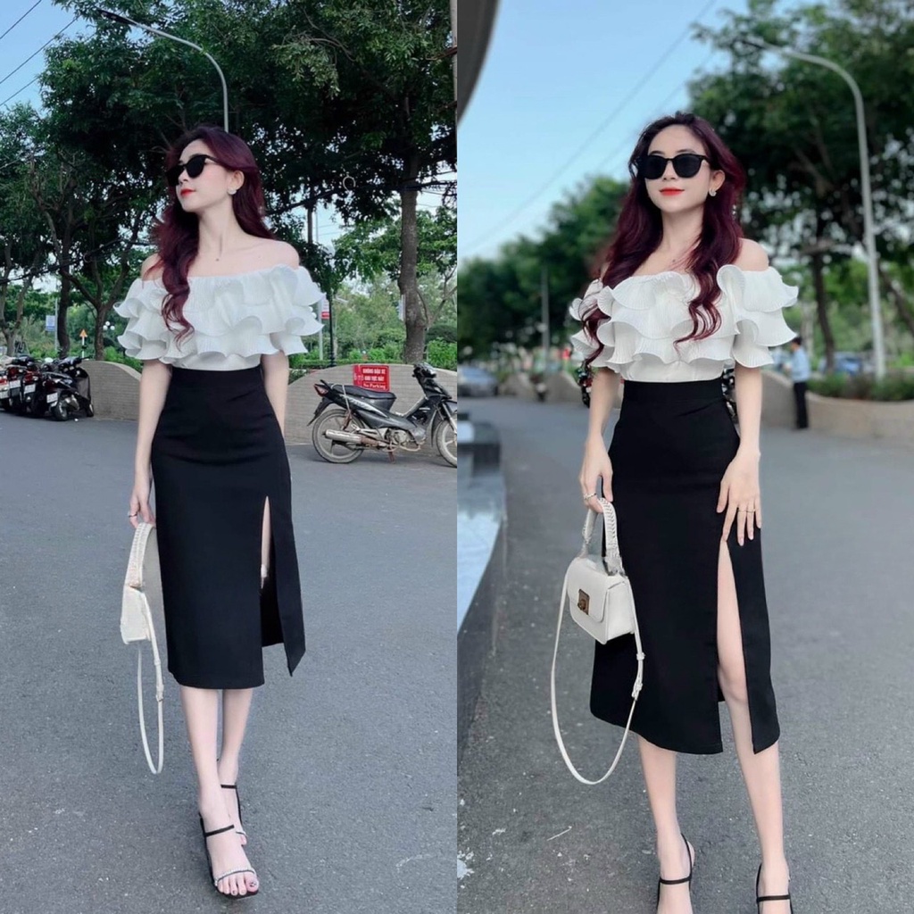 Sét áo trễ vai dập ly 3 tầng (có mút) mix chân váy dài xẻ tà quyến rũ