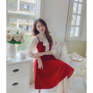 Set yếm đỏ 2s + áo voan lụa thắt nơ cổ