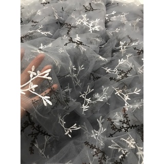 Vải lưới thêu kết kim sa màu xám co giãn mềm đẹp (khổ 1m5)may đầm váy thời trang