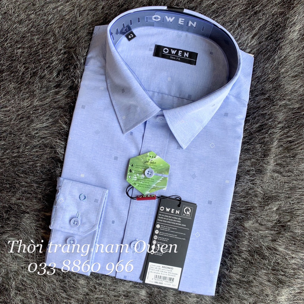 OWEN - Áo sơ mi dài tay Owen Slimfit chất lô hội mềm mịn màu xanh in họa tiết 22943