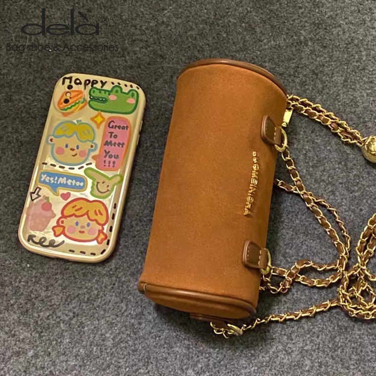 Dela Túi Xách Da Lộn Mềm Mại Phối Dây Xích Kim Cương Màu Be Phong Cách retro Cao Cấp Phù Hợp Với Nữ