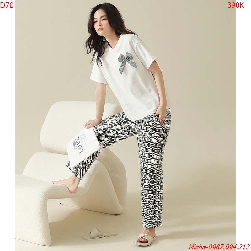 Bộ đồ nữ mặc nhà cotton spandex áo đen quần kẻ caro -  D76 Micha