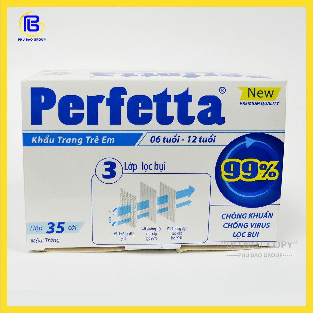 Khẩu trang y tế 3 lớp Perfetta Trẻ Em Trắng/Xanh (35 Cái/Hộp)