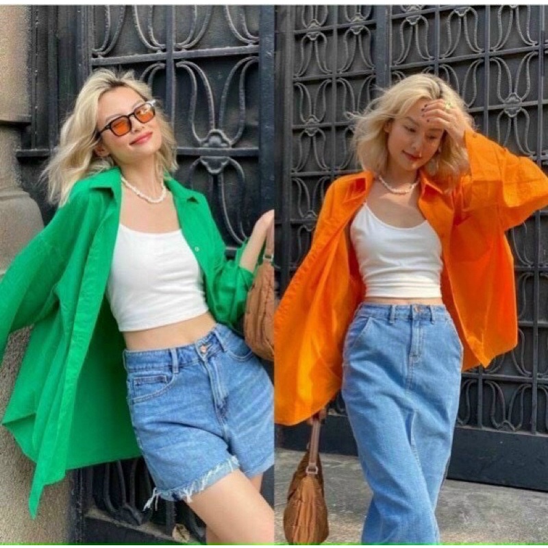 Áo sơ mi tay dài Shojo dáng over dư xịn nhiều màu hot trend xanh lá,cam,hồng,vàng,trắng