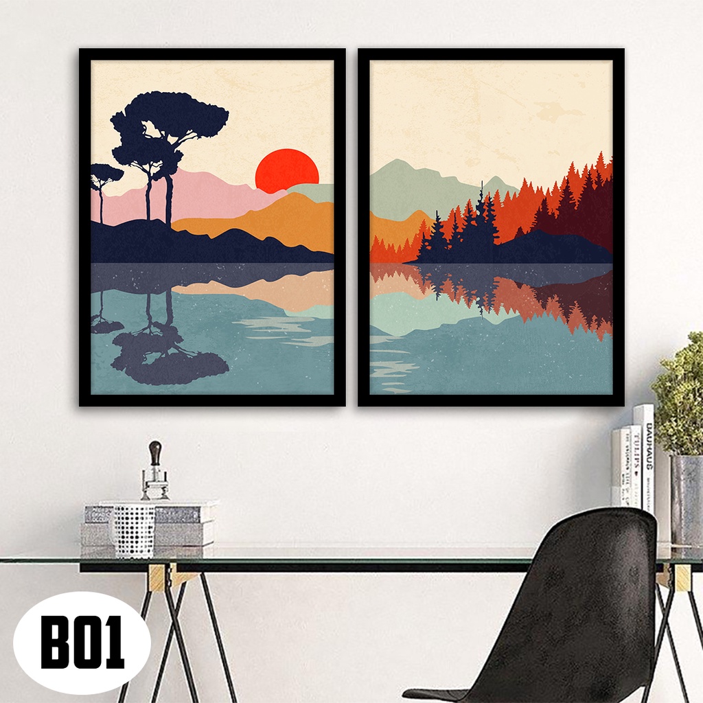Bộ 2 Tranh Treo Tường Có Khung (30cm x 40cm x 2bức, dày 2cm) Trừu Tượng Về Thiên Nhiên (Mã B01). Tranh Trang Trí Phòng