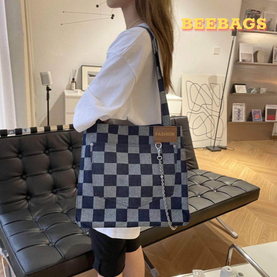 Túi Tote Denim Caro Phối Dây Xích Đựng Vừa Laptop Và A4 | TOTE06 | Túi Vải Jeans Nữ Cá Tính Dễ Phối Đồ Phù Hợp Mọi Outfỉ