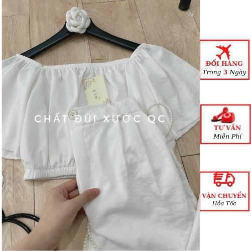 Set áo đũi trễ vai croptop nữ kèm quần suông baggy ống rộng đi biển ulzzang Hàn Quốc