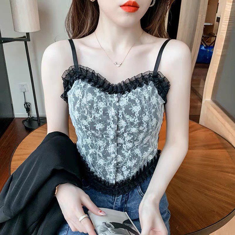 Áo hai dây Classy_Girl có đệm ngực phối ren hoa thiết kế quyến rũ phong cách Hàn Quốc
