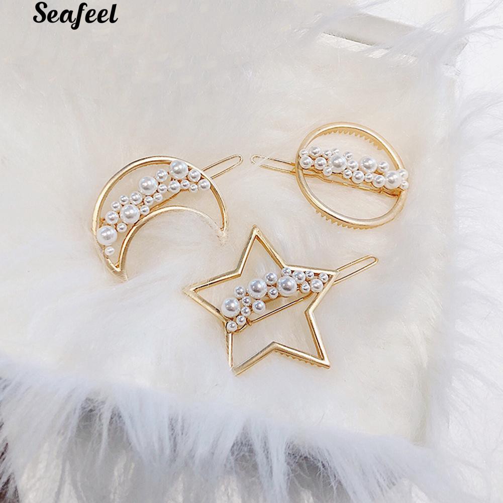 Kẹp tóc kim loại hình trăng sao đính ngọc trai giả