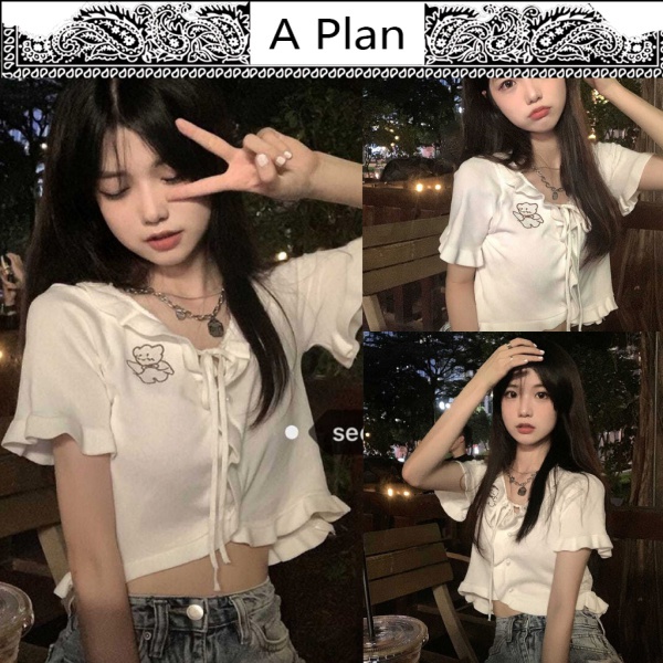 Áo croptop dệt kim thiết kế tay ngắn gợi cảm