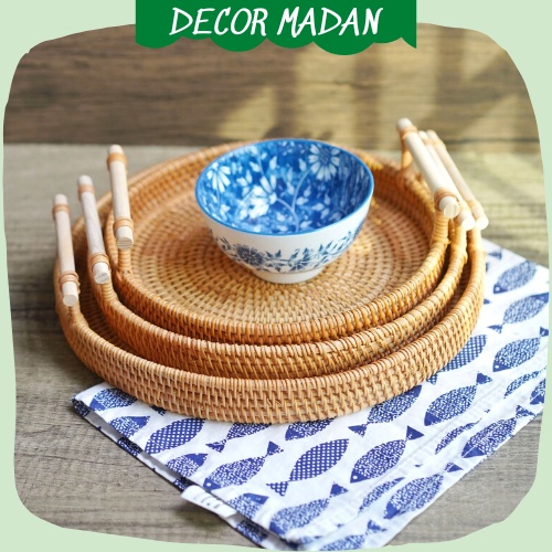 Khay Mây Tròn có Tay Cầm Đựng Đồ Ăn , Khay Mây Trang Trí Bộ 3 Size 22-24-28cm - MADAN