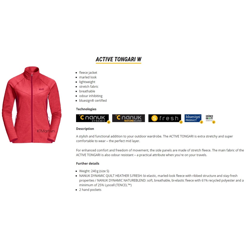 Áo khoác nỉ Jack Wolfskin Active Tongari W Fleece Jacket Women 1709401 size S, M, L