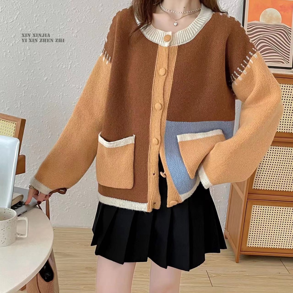 Hàng Sẵn_ Áo khoác len dệt kim  thiết kế khâu đắp màu retro Hadu shop