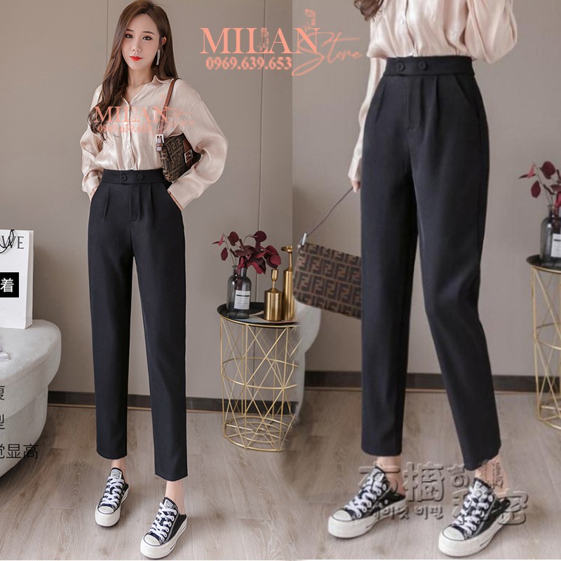 ❖✴✎Quần tây đen nữ công sở 2 cúc bấm sắt mặc đi học làm - Dáng baggy vải lưng cao ống đứng Phối áo sơ mi